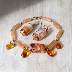 Handmade Peach Orange Marble Glass Citrine Bracelet and Pierced Dangly Earrings.
